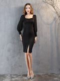 Full-Sleeve Square Neck Knee-Length Homecoming Black White Formal Dress Birthday Party Short Gowns