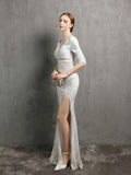New White Long Slit Party Dress Women See-through Sequin Evening Dress