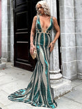 Stripe Sequins Deep V-neck Gowns Sexy Sleeveless V-back Mermaid Evening Dress Trailing Formal Long Robes