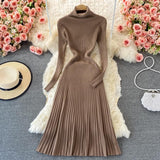 Autumn Winter Warm Turtleneck Sweater Dress Women Long Sleeve Casual Ribbed Knitted Midi Dress Elegant Pleated Dress