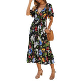 Bohemian Vintage Floral Print A-Line Long Boho Holiday Maxi Beach Dress