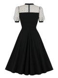 Vintage Style High Waist Solid Elegant Party Swing Dresses for Women Summer Mesh Sleeve Knee Length Black Dress