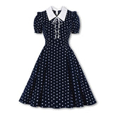 2021 Turn-down Collar Tie Front Polka Dot Vintage Robe Women Green 50s Pin Up Dress Short Sleeve Elegant Summer Pleated Dress