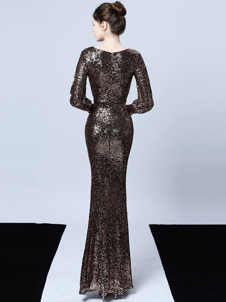 Elegant V Neck Party Maxi Dress Black Gold Sequin Evening Dress Women Long Sleeve Dress