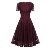 2021 V Neck Elegant Burgundy A Line Lace Midi Swing Dress Office OL Women Summer High Waist Vintage Style Party Sundress Clothes