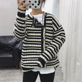 Autumn Women Coat Irregular Single-breasted Stripe Knit Vintage Casual Cardigans Sweaters Outwear