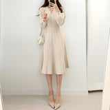 Women Elegant Office Autumn Winter Dress Wave Edge V Neck Long Sleeve Casual Knitted Midi Dress