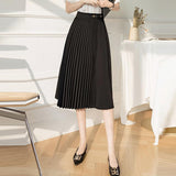 Women Summer High Waist Pleated Skirts Korean Style Solid Color Ladies Elegant A-line Long Skirt