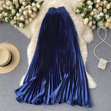 High Waist Long Women Elegant Office Lady Metallic Satin Maxi Pleated Skirt