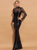 Full-sleeve Tulle Sequins Formal Evening Dress Floor-length Mermaid High-neck Gowns Elegant Black Gold Vestidos