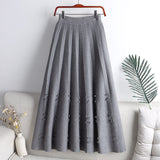 Women Winter Elastic High Waist Pleated Midi Skirt Frayed A Line Elegant Solid Knitted Skirts