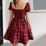 2021 England Style Gothic Plaid A-Line Women Mini Dresses Grunge Punk Bandage Skinny Party Dress Short Sleeve Summer Streetwear