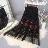 Spring Mesh Women Embroidery Elastic High Waist Floral A-Line Pleated Skirts