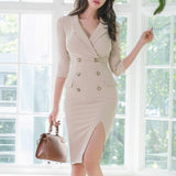 New Spring Office Lady Suit Dress Sexy Casual Slim Button Business Style Knee-Length Slit Dress