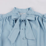 2021 Tie Neck Button Up 50S Pinup Women Vintage Pleated Swing Dress Summer Blue Elegant Retro Clothes Ladies Solid Tunic Dresses