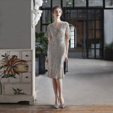 New Sparkling Rose Gold Women V-neck Short Party Prom Dress Elegant Short Sleeve Knee-Length Sequin Evening Dress