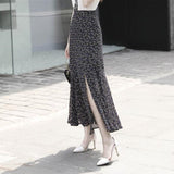 Women Chiffon Vintage High Waist Trumpet Flowers Print Black Long Skirt