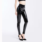 Black Sexy High Waist Elastic Pu Leather Skinny Pants Shiny Wet Look Metallic Latex Leggings