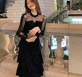 2021 Winter Evening Party Dress Women Lace Design Korean Fashion Vintage Y2k Midi Dress Long Sleeve Black Cupcake Dress Female