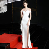 Off Shoulder Slit Satin Long Evening Dress Elegant Women Party Dress