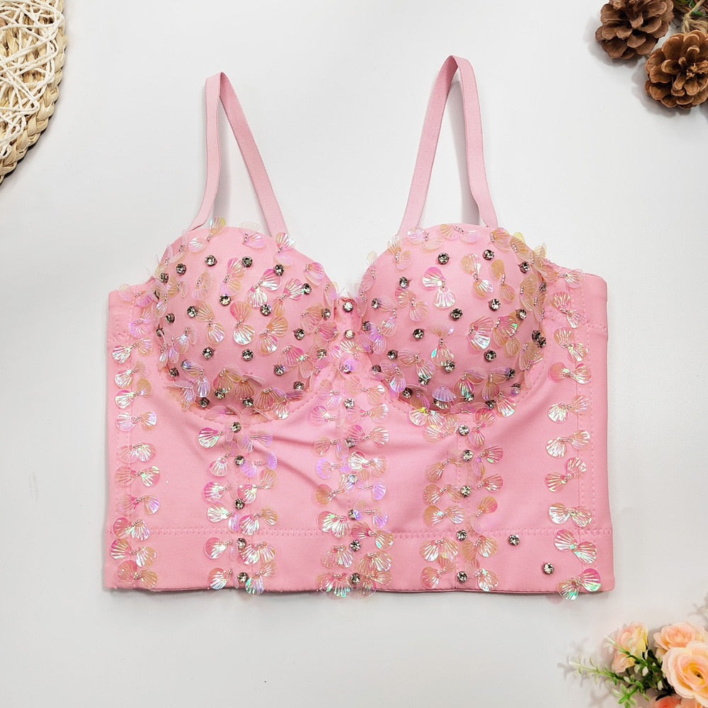 Sexy Corset With Cups Rhinestone Sequins Party Short Women Camis Crop Top In Bra Cropped YH8300