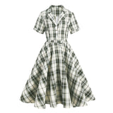 British Women Green Plaid Rockabilly Vintage Dress Plaid Print Notched Collar Buttons Elegant Belted A Line Retro Ladies Dresses