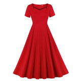 Red Vintage Summer Casual Short Sleeve Robe Pin Up Swing Midi Party Office Ladies Dresses