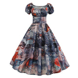Square Neck Ruched High Waist Vintage Multicolor Floral Women Pleated Dress Short Sleeve Summer Rockabilly Swing Dresses
