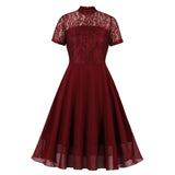 Burgundy Formal Short Sleeve Lace Patchwork Stand Collar Robe Swing Elegant Evening Party Dresses