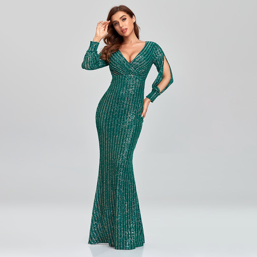 Plus Size Women Sexy V-neck Mermaid Evening Dress Long Gown Full Sequins long Sleeve Formal Vestidos