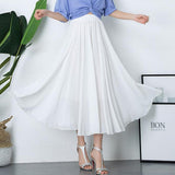 Summer Women Chiffon Vintage High Waist Blue White Long A-Line Solid Pleated Skirts