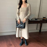 Autumn Winter Dresses For Women Elegant Vintage Queen Anne Neck Long Sleeve Knitted Dress Solid Casual Midi Dress