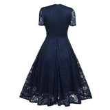 V-Neck High Waist Lace Elegant Party Night Midi Short Sleeve Vintage Style Pleated Swing Dress