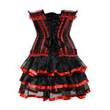 Women Sexy Striped Corset Dress Satin Bow Lace Waist Cincher Corset Bustier Lingerie Top With Mesh Mini Tutu Skirt Set Plus Size