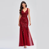 Sleeveless V-neck Tulle Sequins V-back Mermaid Party Prom Gowns Formal Embroidered Cocktail Dress
