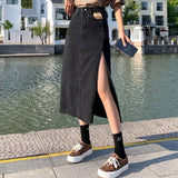 Summer High Waist Slit A-Line Denim Women Elegant Midi Jean Casual Maxi Long Skirts