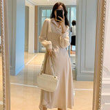 Autumn Women Vintage Slim Waisted Dresses Female Chic Midi Long Sleeve Chiffon Shirt Dress Vestidos