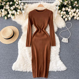 Long Sleeve O Neck Women Sweater Dress Casual Pullover Solid Knitted Sheath Midi Autumn Winter Dresses