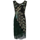 Plus Size Women 1920s Flapper Dress Vintage V-Neck Sleeveless Peacock Embroidery Great Gatsby Dress Sequin Fringe Party Dress