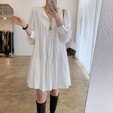 Spring Autumn Long Sleeve Dress Black White Elegant Gathered Tiered Mini V Neck Loose Casual Dress
