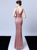 Women Pink Dress V Neck Sequin Evening Dress Elegant Party Maxi Dress