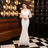 Polyester Thread Tassel Beaded Mermaid Elegant Formal Party Dress Ruffle Sleeve Dubble-V-neck Robe De Soriee Floor Length Gowns