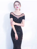 Sequined Banquet Long Elegant Party Dress Cap Sleeve O-neck Mermaid Gown Black Formal Dress