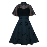 Chiffon Cape Bat Print Elegant Summer Midi High Waist Vintage Style Women Halloween Party Swing Dress