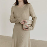 Autumn Winter Sweater Dresses Crew Neck Long Sleeve Casual Midi Dress Solid A Line Ribbed Knitted Dress