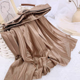 Women Shimmer Satin Midi Long Pleated Skirt With Belt Elastic High Waist Casual Skirts