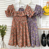 Vintage Floral Print Summer Vacation Beach Dress Ruffle Square Neck Short Puff Sleeve Casual Mini Dress