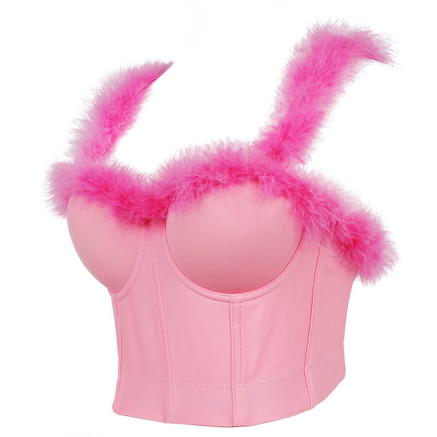 Winter Crop Tops Pink Faux Fur Camis Top With Built In Bra Sexy Off Shoulder Push Up Bralette
