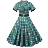 Notched Collar Plaid Print 50s Vintage Dress With Belt 2021 Summer Women Casual Slim Party Jurken Elegant Short Sleeve Clothing