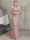 O-neck Mermaid Evening Dress Off-the-shoulder Elegant Prom Gown Flounces Sequins Long Formal Dress